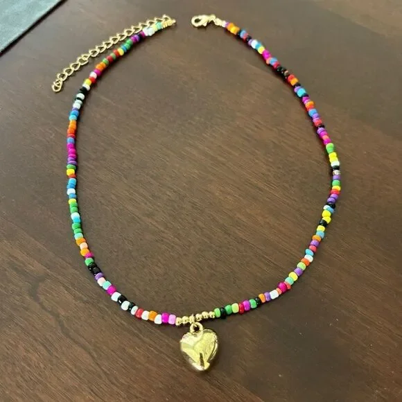 NEW! Bohemian Colorful Beaded Heart Choker Necklace - Picture 3 of 3